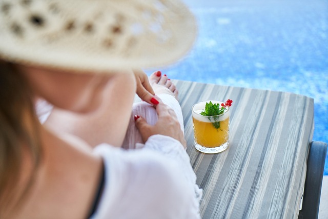 woman, resort, hotel, holiday, ocean, girl, sea, beach, trip, sun, coast, white, beauty, nature, tropical, drink, cocktail, pool, relax, hat, wicker, beautiful, summer